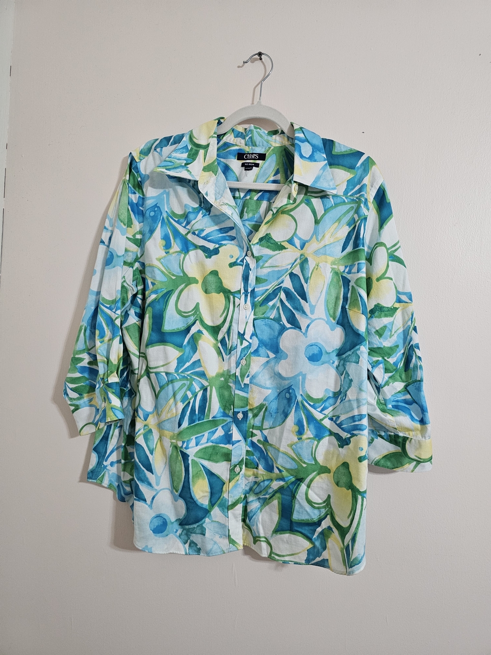Chaps 1X Floral Button-Down Shirt in Blue & Green Non Iron